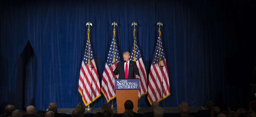 Republican presidential candidate Donald Trump gives a foreign policy speech at the Mayflower Hotel in Washington, Wednesday, April 27, 2016. 