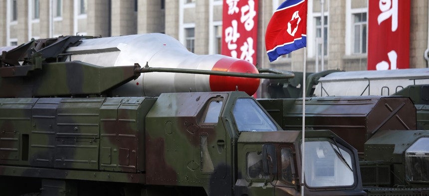 Medium-range Nodong ballistic missiles are paraded in Pyongyang, North Korea, on Oct. 10, 2015