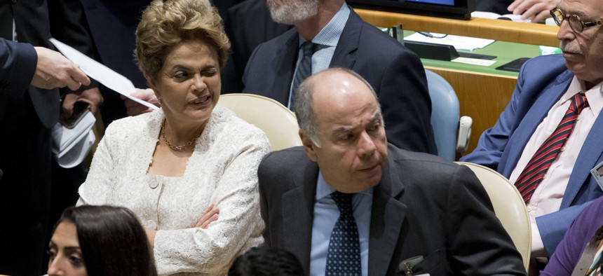 Brazil's President Dilma Rousseff attends the Paris Agreement on climate change ceremony, Friday, April 22, 2016 at U.N. headquarters. 