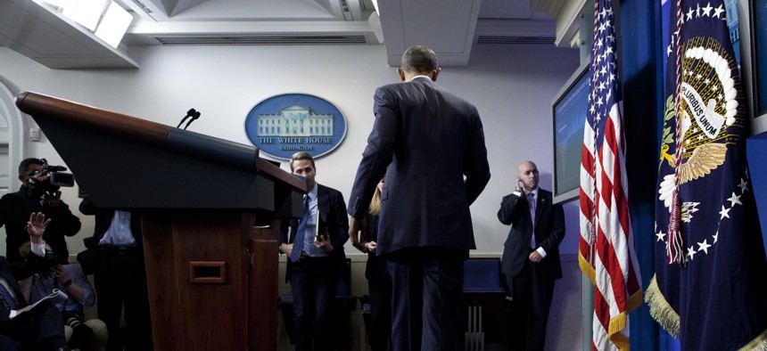 President Barack Obama leaves the podium in the briefing room of White House in Washington, Friday, May 6, 2016.