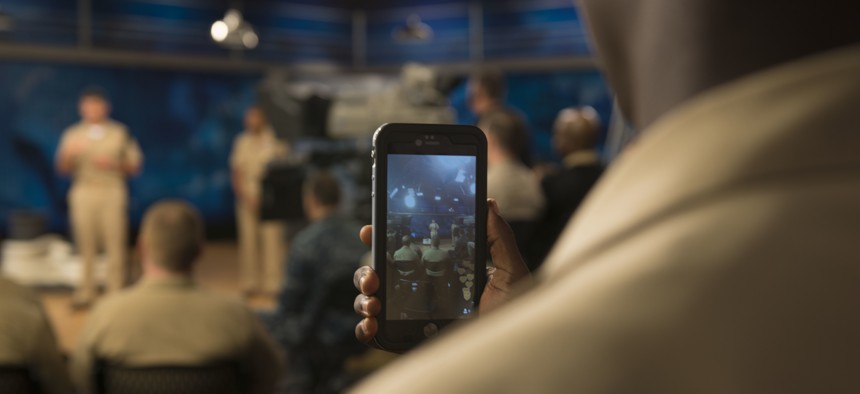 A U.S. sailor at an "all hands call" at Defense Media Activity at Fort George G. Meade, Md., Oct, 6, 2015.