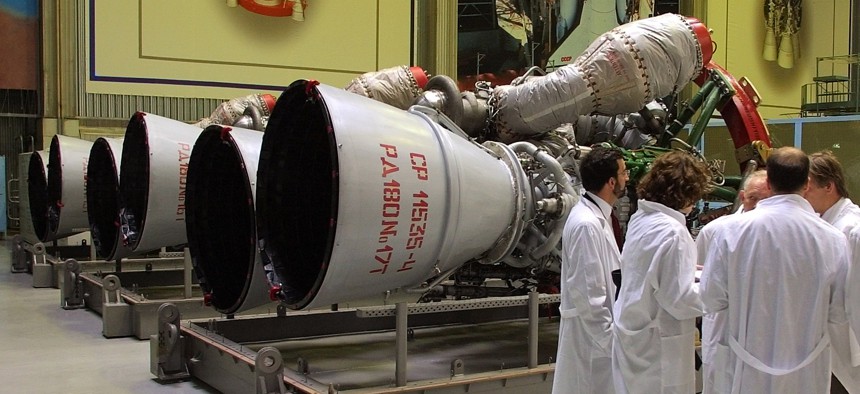 File photo of RD-180 rocket engines at the Energomash, leading Russian rocket engine company, in Moscow.