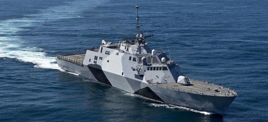 The littoral combat ship USS Freedom (LCS 1) is underway conducting sea trials off the coast of Southern California in 2013.