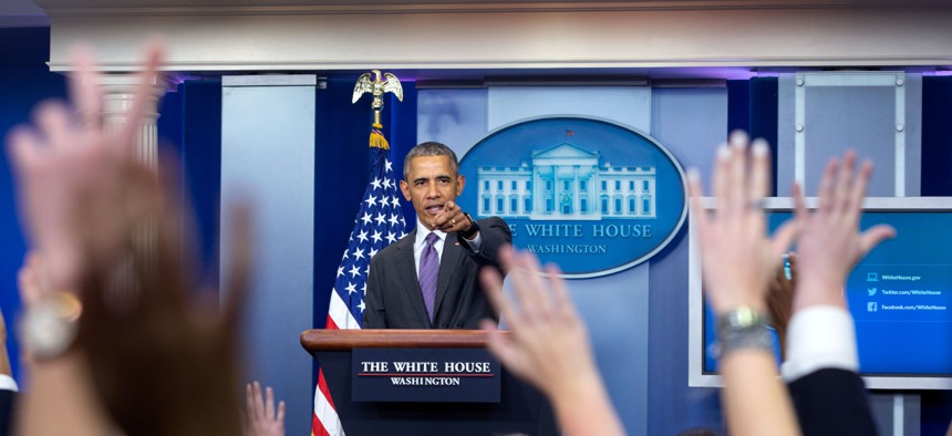 President Barack Obama takes questions from student reporters during College Reporter Day in the James S. Brady Press Briefing Room of the White House, April 28, 2016.