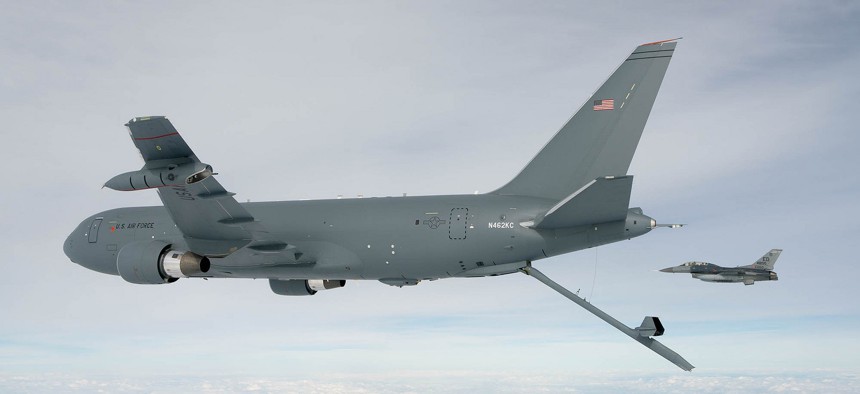 The KC-46A Pegasus deploys the centerline boom for the first time on Oct. 9, 2015. 