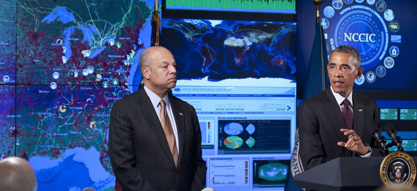 Secretary of Homeland Security Jeh Johnson hosts President Obama at the National Cybersecurity and Communications Integration Center, Jan. 13, 2015.