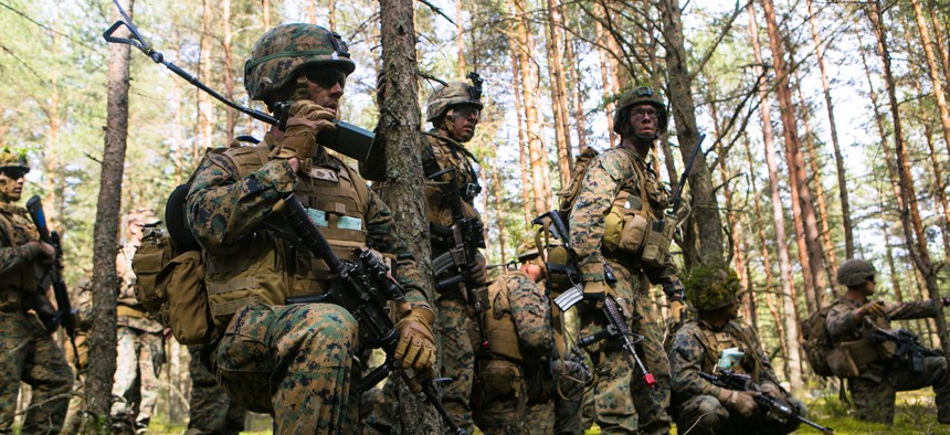 Lithuanian forces are teamed with U.S. Marines from the Black Sea Rotational Force during Exercise Saber Strike at the Pabrade Training Area, Lithuania, June 9, 2015.