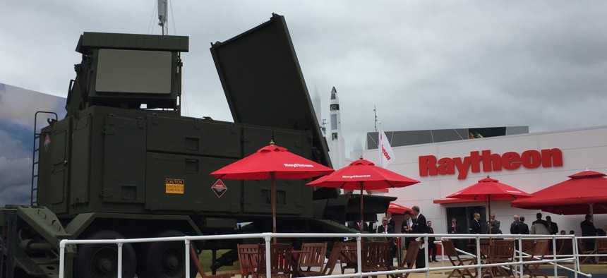 A mockup of a new Patriot anti-missile radar on display at the Raytheon chalet at the 2016 Farnborough Air Show.