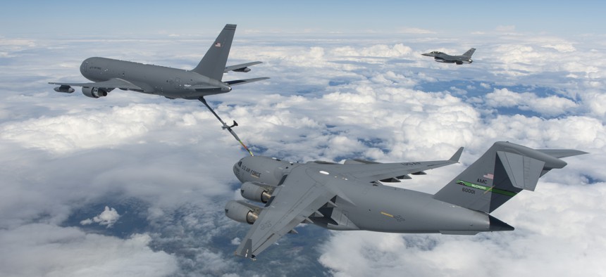 The KC-46A Pegasus connected in flight with an F-16 Fighting Falcon on July 8 and a C-17 Globemaster III on July 12.
