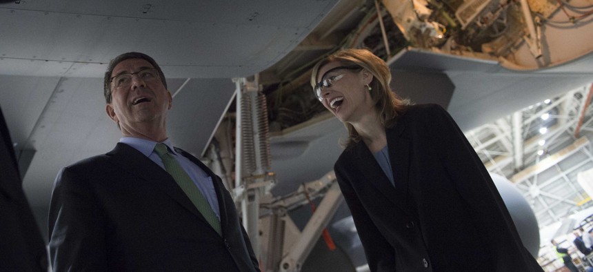 Boeing Defense CEO Leanne Caret gives Defense Secretary Ash Carter a tour of a Boeing KC-46 at at the Boeing facilities in Seattle on March 3, 2016. 