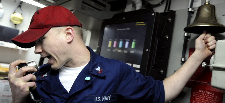A U.S. sailor stands a watch in damage control central during a fire drill aboard USS Blue Ridge (LCC 19) March 11, 2010.