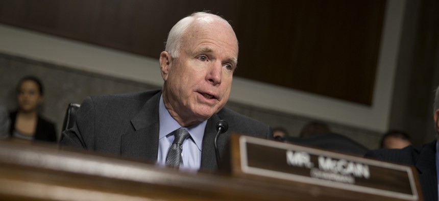 In this Feb. 9, 2016 file photo, Senate Armed Services Committee Chairman Sen. John McCain, R-Ariz., speaks on Capitol Hill in Washington.