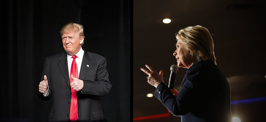 At left, Donald Trump speaks at a campaign event, Feb. 21, 2016, in Atlanta; at right, Hillary Clinton speaks at a rally, June 2, 2016, in El Centro, Calif.