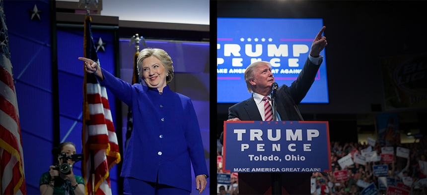 At left, Hillary Clinton at the Democratic National Convention, July 27, 2016; and Donald Trump at a campaign rally the same day in Toledo, Ohio. 
