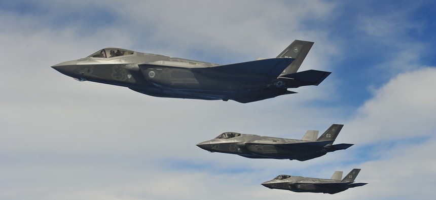 F-35A Lightning IIs perform an aerial refueling mission with a KC-135 Stratotanker May 13, 2013, off the coast of northwest Florida.