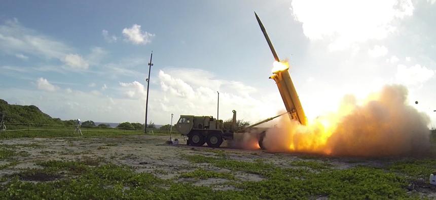 A Terminal High Altitude Area Defense (THAAD) interceptor is launched from a THAAD battery located on Wake Island, during Flight Test Operational (FTO)-02 Event 2a, conducted Nov. 1, 2015. 