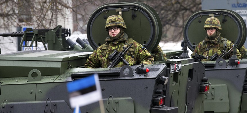 Estonian troops parade in Narva, Estonia, on Feb. 24, 2015. 