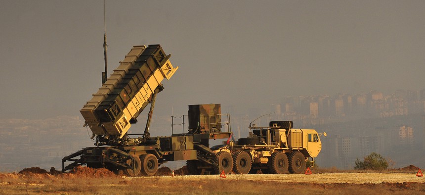 A Patriot missile battery sits on an overlook at a Turkish army base in Gaziantep, Turkey, Feb. 4, 2013.
