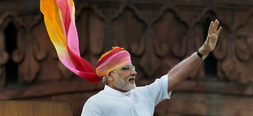 Indian Prime Minister Narendra Modi waves at the crowd after his address during the Independence Day function at the Red Fort monument in New Delhi, India, Monday, Aug. 15, 2016.