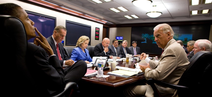 President Barack Obama and Vice President Joe Biden meet with the national security team on Iraq in the Situation Room of the White House, Aug. 11, 2010.
