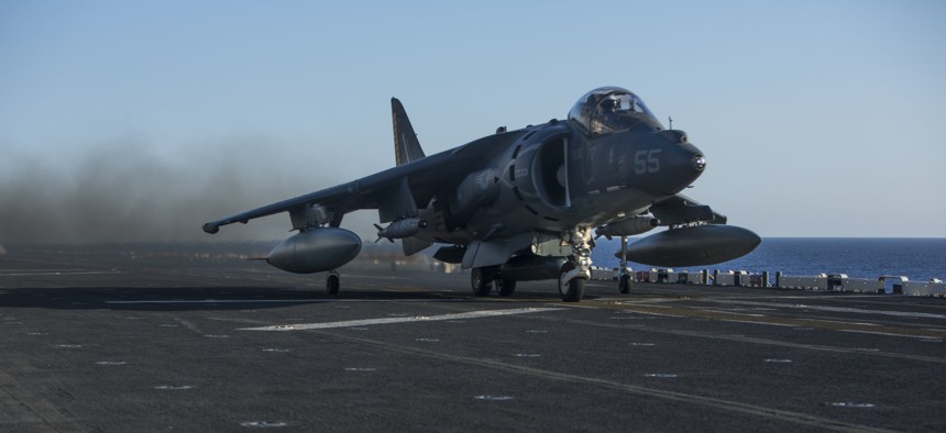 An AV-8B Harrier II with 22nd Marine Expeditionary Unit (MEU), launches from the flight deck of the amphibious assault ship USS Wasp (LHD 1) Aug. 1, 2016.
