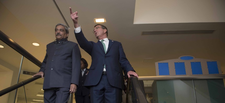 Secretary of Defense Ash Carter gives Indian Minister of Defence Manohar Parrikar a tour of the Pentagon, Aug. 29.