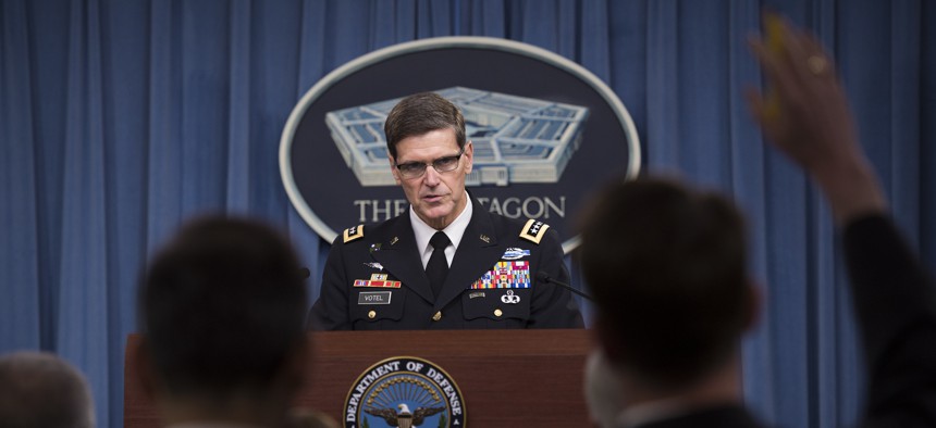 Gen. Joseph Votel, commander of U.S. Central Command, briefs reporters at the Pentagon briefing room, Apr. 26, 2016.