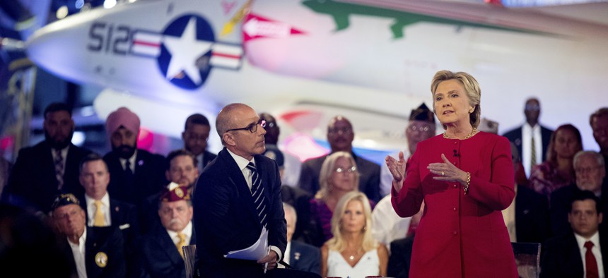 Hillary Clinton, with 'Today' show co-anchor Matt Lauer, speaks at the NBC Commander-In-Chief Forum in New York,, Sept. 7, 2016.