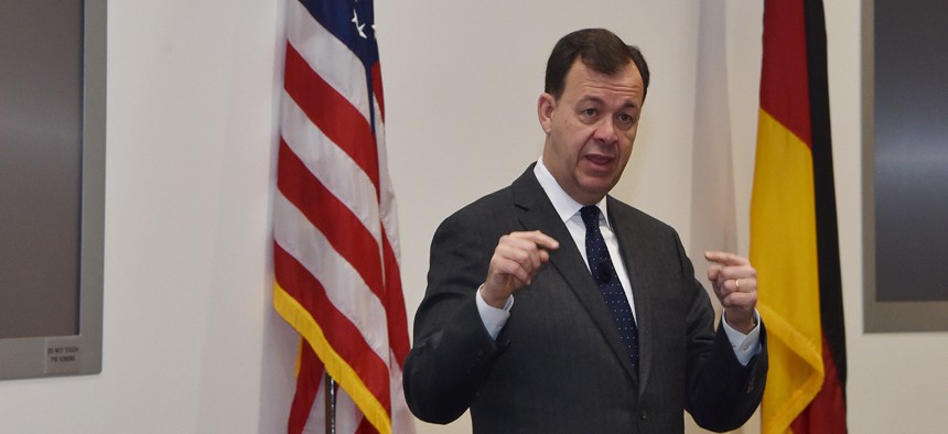 Then-U.S. Department of Homeland Security Deputy Assistant Secretary for Cybersecurity and Communications Gregory Touhill speaks at the George C. Marshall European Center, Dec. 15, 2015. 
