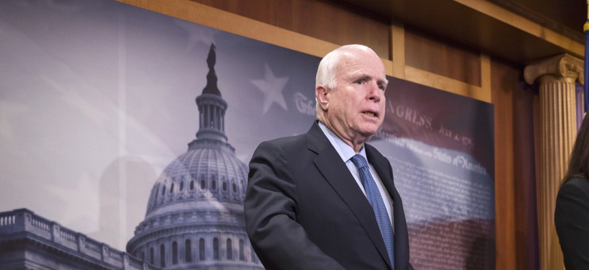 Senate Armed Services Committee Chairman Sen. John McCain, R-Ariz., speaks from Capitol Hill in Washington, Feb. 24, 2016.