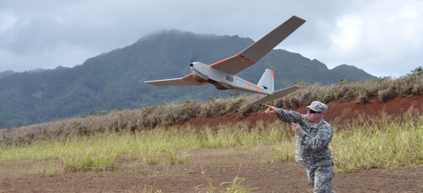 The U.S. Army has two rucksack-portable drones, including the hand-launched Puma shown here. The service is looking to procure a smaller, shorter range UAV as soon as next year.