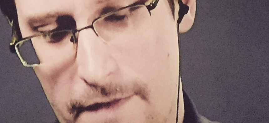 Edward Snowden addresses an international audience remotely on the eve of the debut of "Snowden," September, 2016.