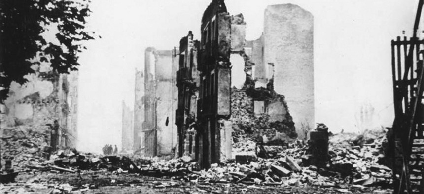 The ruins of Guernica, bombed by Nazi Germany in 1937, during the Spanish Civil War.