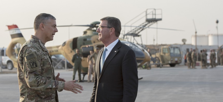   Secretary of Defense Ash Carter and U.S. Army Lt. Gen. Stephen Townsend, commander of Combined Joint Task Force-Operation Inherent Resolve, say farewell in Erbil, Iraq, Oct. 23, 2016.