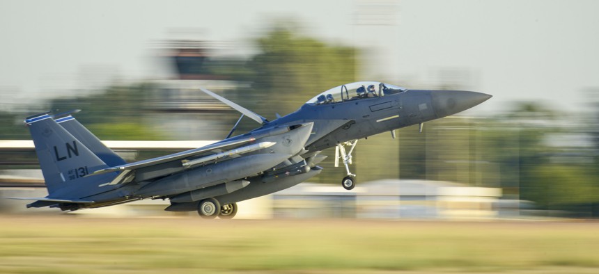 An F-15E Strike Eagle from the 48th Fighter Wing at Royal Air Force Lakenheath, England, lands at Incirlik Air Base, Turkey, Nov. 12, 2015.