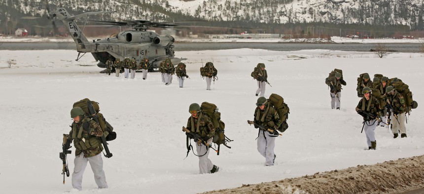 Norwegian soldiers, U.S. Marines, Dutch and U.K. Royal Commandos do an integrated air insert during a training event for Exercise Cold Response 16, March 3, 2016, around the city of Namsos, Norway.
