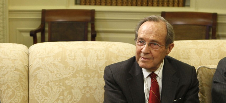 Former Defense Secretary William Perry in the Oval Office for a 2009 meeting with President Barack Obama.