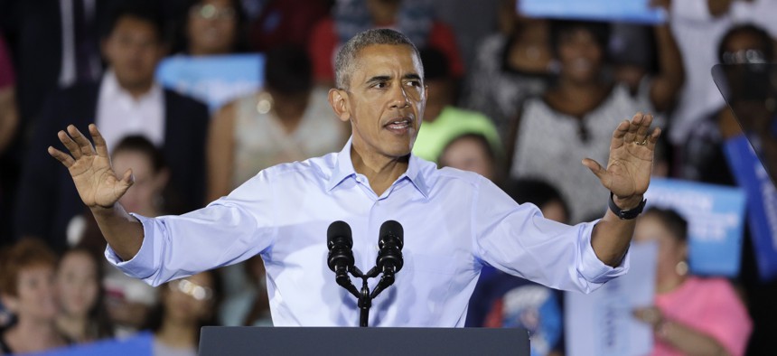 President Barack Obama speaks at a rally Sunday, Oct. 23, 2016, in North Las Vegas, Nev. 