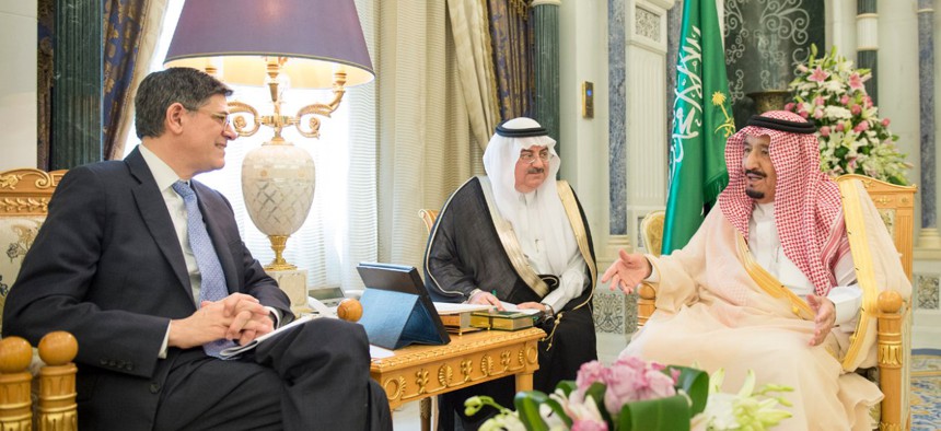 Saudi Arabian king Salman bin Abdulaziz Al Saud receives U.S. Treasury officials. 
