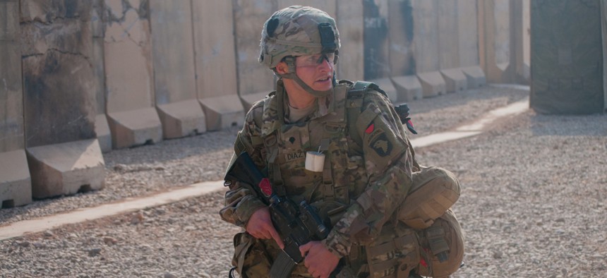 A U.S. Army medic during a coalition base response drill on Nov. 3 at the Qayyarah West Airfield, Iraq.