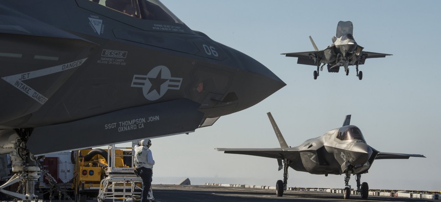 Three F-35Bs on board the USS America for testing.