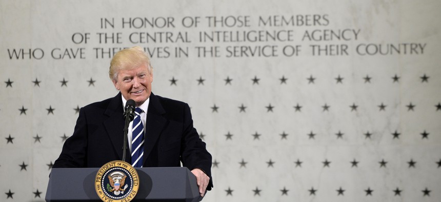United States President Donald Trump speaks to 300 people at the Central Intelligence Agency (CIA) headquarters January 21, 2017 in Langley, Virginia.