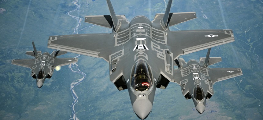 F-35A Lightning II aircraft receive fuel from a KC-10 Extender from Travis Air Force Base, Calif., on July 13, 2015.