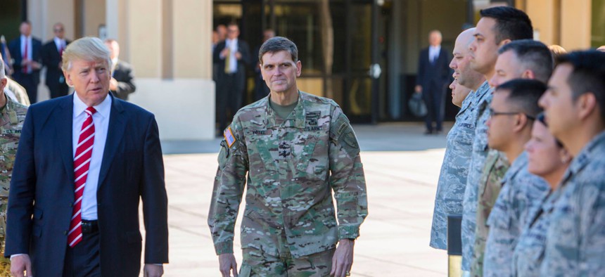 President Donald Trump, passing in review with Gen. Joseph Votel, U.S. Central Command, at MacDill Air Force Base, Fla., Feb. 6, 2017.