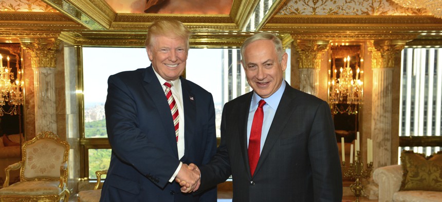 Then-presidential candidate Donald Trump shakes hand with Israeli Prime Minister Benjamin Netanyahu in New York, Sept. 25, 2016.