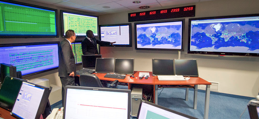 In recognition of the International Day Against Nuclear Tests, then-Secretary General of the United Nations Ban Ki-moon visits the Comprehensive Nuclear Test Ban Treaty Organization's operations center.