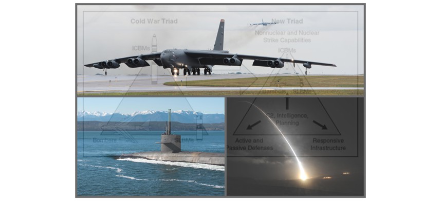 The U.S. nuclear triad: clockwise from top, B-52 Stratofortress strategic bombers (Sept '16), a Minuteman III land-based intercontinental ballistic missile test launch (Sept '16), and the Ohio-class ballistic-missile sub USS Henry M. Jackson (Feb '17).