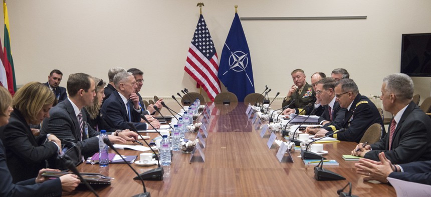 Secretary of Defense Jim Mattis meets with members of the U.S. mission at the NATO Headquarters in Brussels, Belgium, Feb. 15, 2017. 