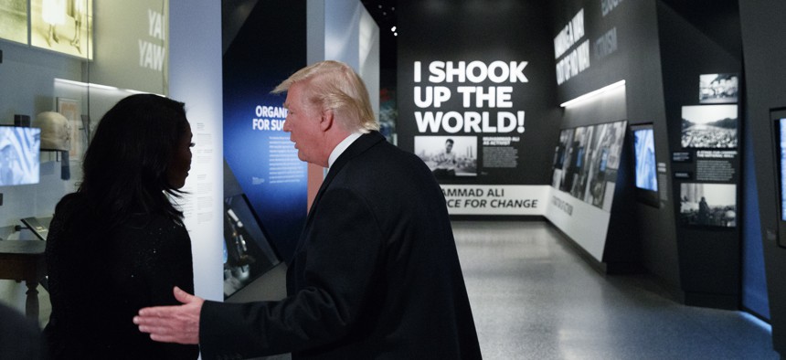 President Donald Trump tours the National Museum of African American History and Culture, Tuesday, Feb. 21, 2017, in Washington.