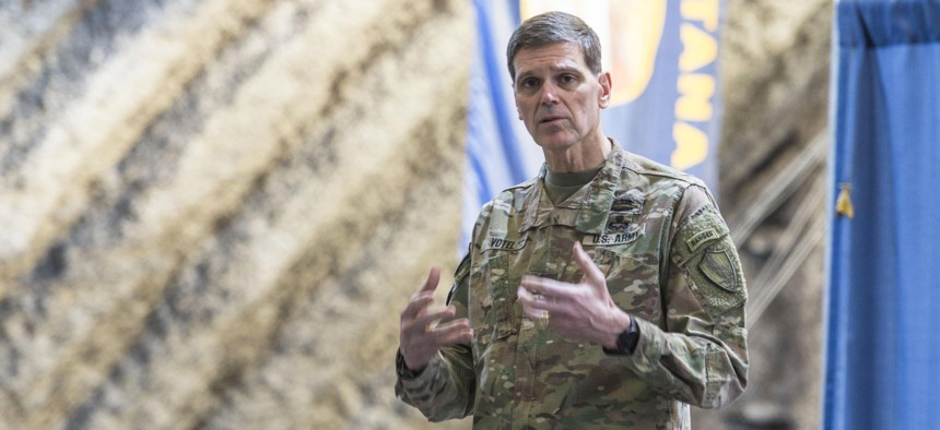Gen. Joseph Votel, U. S. Central Command commander, speaks at a commander’s call at an undisclosed location in Southwest Asia, Feb. 23, 2017.